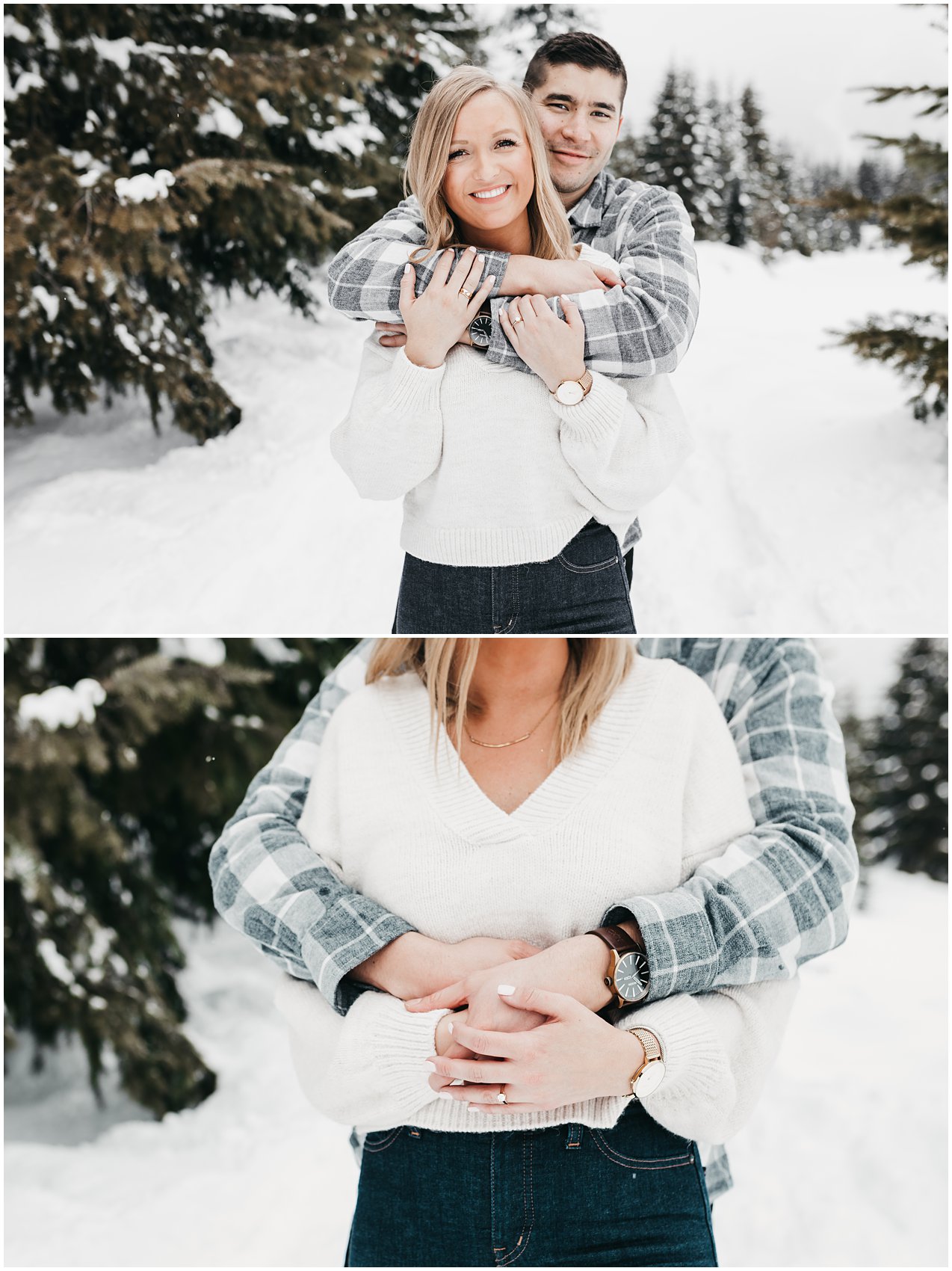 warm hugs in snowy engagement photos
